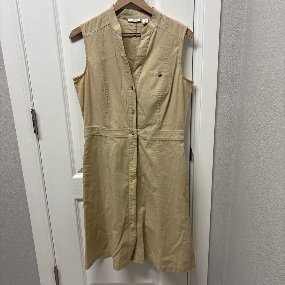 Dockers Linen/Cotton Blend Sleeveless Tan Button-Down Dress Size Small